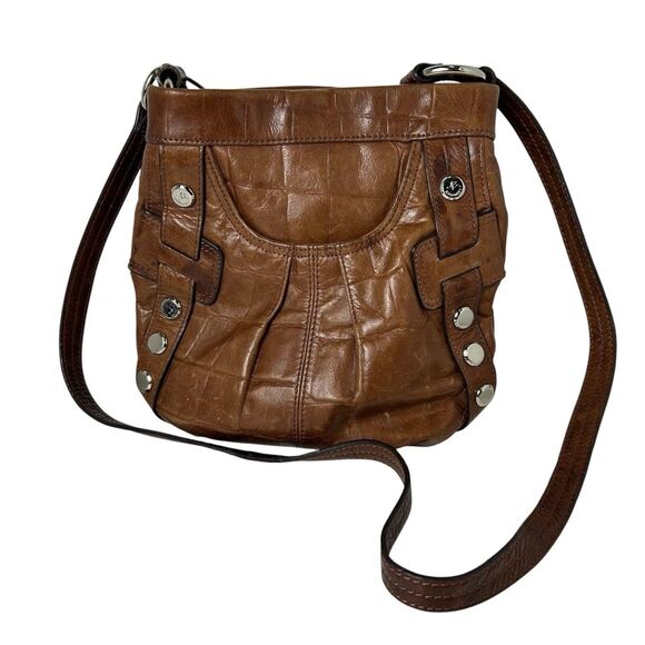 b. makowsky Handbags - B. Makowsky Women's Cognac Brown Croco Embossed Leather Studded Crossbody Bag